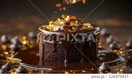 Decadent Chocolate Cake Drizzled with Ganache and Gold Leaf 126870835
