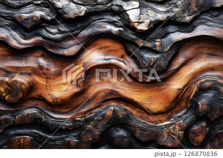 Abstract Wood Sculpture Dark Brown and Black Waves 126870836