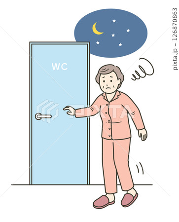 睡眠中に尿意を覚えトイレに行く夜間頻尿に悩む高齢女性のイラスト 126870863