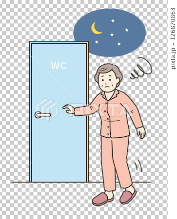 睡眠中に尿意を覚えトイレに行く夜間頻尿に悩む高齢女性のイラスト 126870863