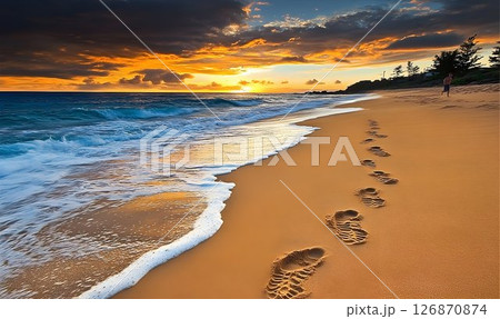 Golden Sunset Beach Scene with Footprints Leading Towards the Ho 126870874