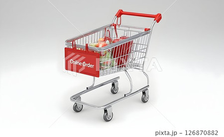 Red Shopping Cart with Online Order Sign and Groceries 126870882