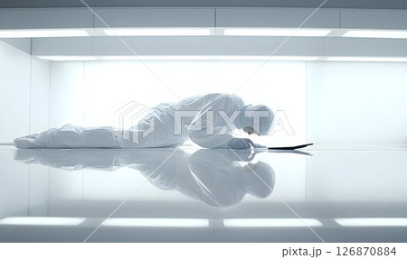 Scientist in Clean Suit Examines Tablet on Reflective Surface in 126870884