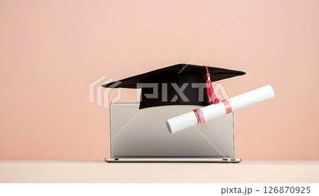Online Graduation Ceremony with Diploma and Laptop 126870925