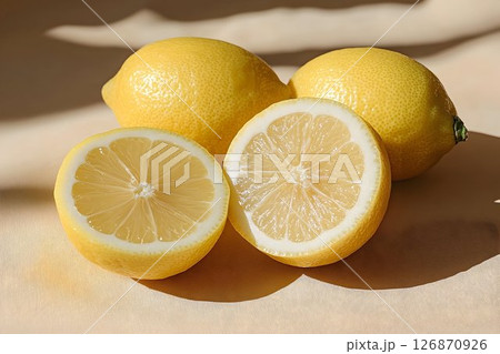 Sunlit Lemons: Two Whole and Two Halved on Beige Fabric 126870926