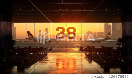 Airport Lounge View: Airplanes, Cityscape, and Illuminated Numbe 126870933