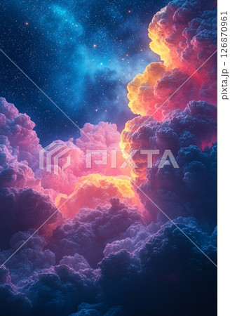 Ethereal Cosmic Peaceful Backdrop with Colorful Clouds and Starry Night Sky 126870961