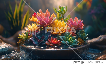 Elegant Succulent Garden with Cascading Water Features and Peaceful Atmosphere Elegant Succulent Garden with Cascading Water Features and Peaceful Atmosphere 126870967