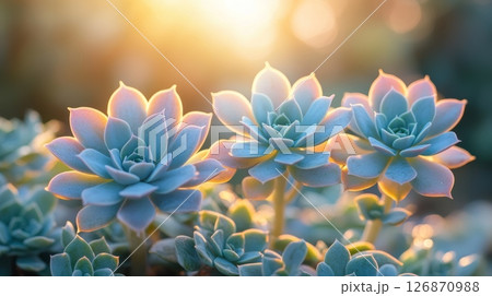Stunning Pastel Succulents Glowing Under Soft Golden Light at Sunset 126870988
