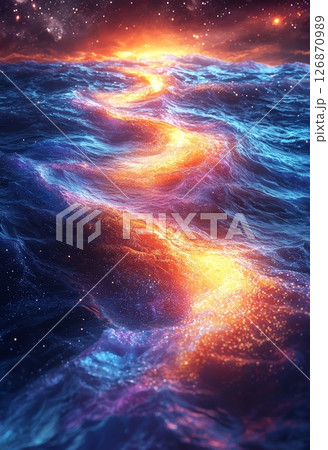 Luminous Abstract Galactic Design Featuring Peaceful Swirling Waves and Stars 126870989