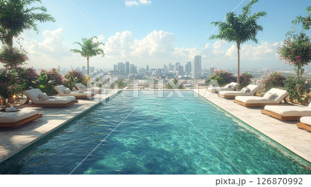 Urban Rooftop Pool with Skyscrapers in Chic Cityscape under Bright Sky 126870992