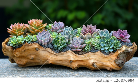Peaceful Arrangement of Succulents Planted with Driftwood for Natural Aesthetic 126870994