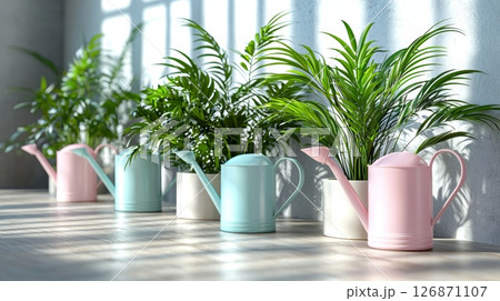 Peaceful Minimalist Plant Care Setup with Pastel Pots in a Sunlit Space 126871107
