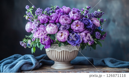 Vintage Romantic Floral Arrangement Featuring Purple Peonies and Blossoms in Bowl 126871118