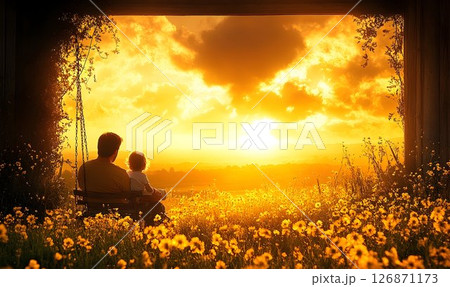Father and Child Watching Sunset from a Swing, Surrounded by Flo 126871173