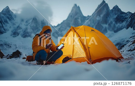 Mountain Explorer Checks His Phone Outside a Lit Tent in Snowy L 126871176