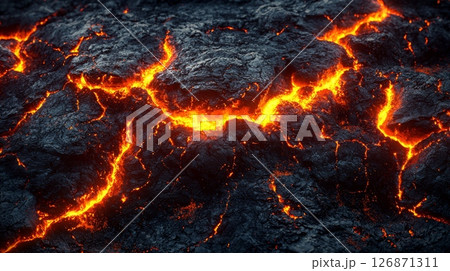 Molten Lava Flow with Glowing Texture and Abstract Patterns of Orange and Black 126871311