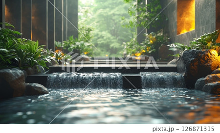 Peaceful Modern Plaza with Sleek Fountains in a Serene Urban Environment 126871315
