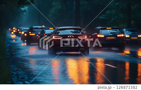 Nighttime Traffic Jam in Heavy Rain, Taillights Gleam Nighttime Traffic Jam in Heavy Rain, Taillights Gleam 126871382