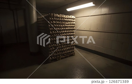 Stacked egg cartons on a pallet in a dimly lit industrial storag 126871389