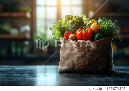 Fresh Produce in a Burlap Bag, Kitchen Setting 126871395