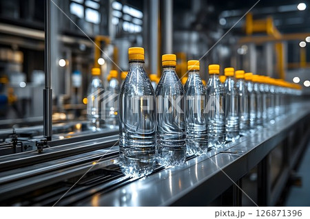 Conveyor Belt of Sparkling Water Bottles with Yellow Caps 126871396