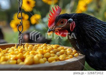 Close-up of a Black Hen Feeding on Corn in a Sunny Garden 126871412