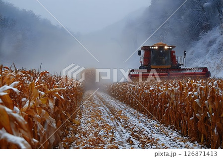 Snow-Covered Cornfield Harvest: A Combine in Winter's Embrace Snow-Covered Cornfield Harvest: A Combine in Winter's Embrace 126871413