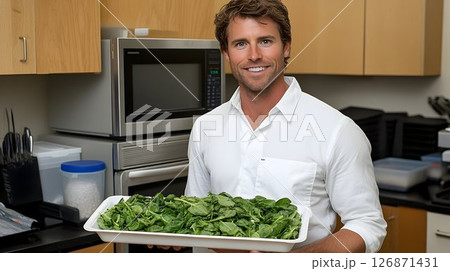 Smiling Man in White Shirt Presents Fresh Spinach in Kitchen Smiling Man in White Shirt Presents Fresh Spinach in Kitchen 126871431