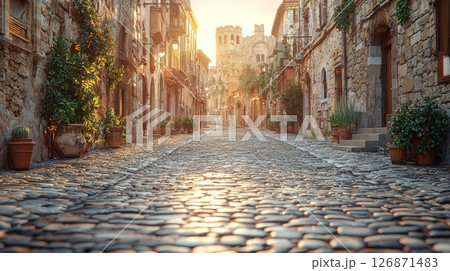 Tranquil Vintage Alleyway with Cobblestones and Warm Light in an Urban Setting 126871483