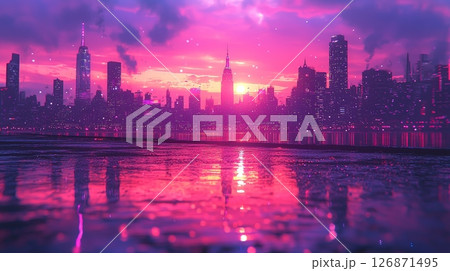 Vibrant Urban Skyline at Sunset with Modern Elements and Beautiful Reflections 126871495