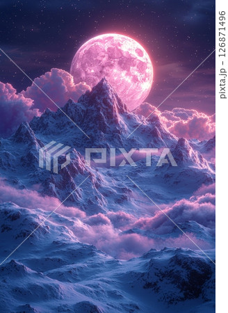 Dreamy Pastel Nebula Scene with Mountains Under a Moonlit Sky 126871496
