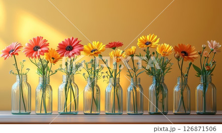 Whimsical Floral Designs with Pastel Blooms in Glass Bottles Against a Yellow Background 126871506