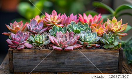 Peaceful Arrangement of Colorful Succulents Nestled in a Wooden Box 126871507