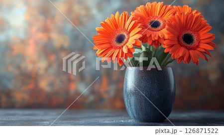 Vertical Arrangement of Bold Orange Flowers in a Modern Vase on Peaceful Background Vertical Arrangement of Bold Orange Flowers in a Modern Vase on Peaceful Background 126871522