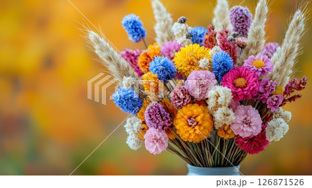 Colorful Boho Bouquet of Dried Flowers with Peaceful Background Display 126871526