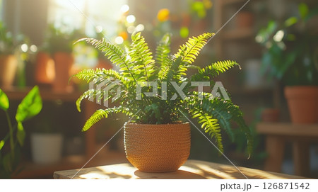 Peaceful Sunlit Corner with Cascading Ferns in a Cozy Indoor Setting 126871542