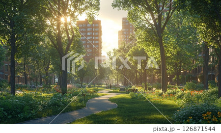 Serene Urban Park Surrounded by Modern Architecture in Soft Golden Light 126871544