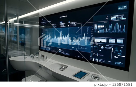 Futuristic Bathroom with Integrated Data Display and Minimalist 126871581