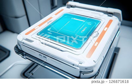 Futuristic White Medical Device with Teal Interface Futuristic White Medical Device with Teal Interface 126871618