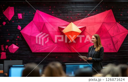 Smiling woman presents in front of geometric art on a black bric 126871624