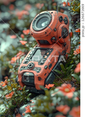 Tiny Retro Camera Among Delicate Flowers in a Peaceful Natural Setting 126871669