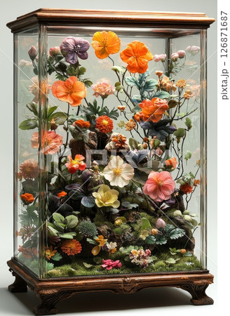 Peaceful Tiny Flower Arrangement in Elegant Glass Display with Vibrant Colors 126871687