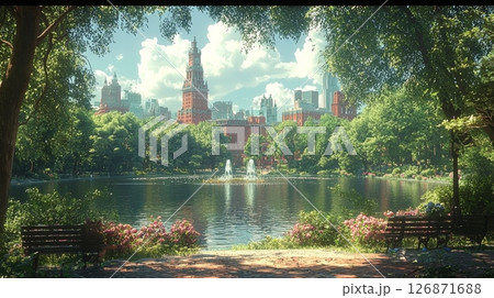 Tranquil Urban Skyline Framed by Lush Park and Peaceful Water Features 126871688