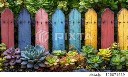 Tranquil Garden with Colorful Fence and Succulent Plants in Pastel Shades 126871689
