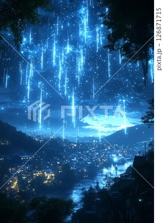 Glowing Comets Stream Across a Peaceful Night Sky Over a Radiant Cityscape 126871715