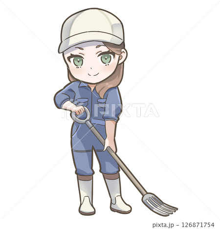 【商用利用可能！】17-フォークを持つ酪農の日本人女性のSDイラスト1-農業・酪農・牛乳などに関する 126871754