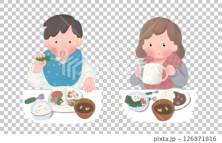 孩子們吃飯的溫馨插畫 126871816