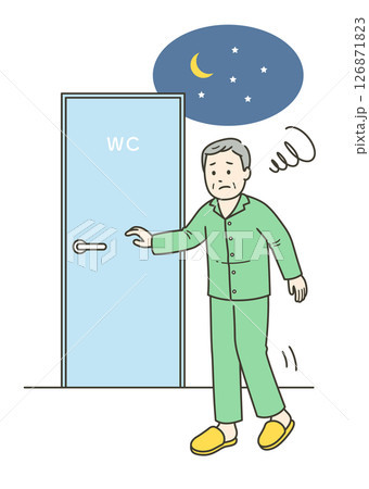 睡眠中に尿意を覚えトイレに行く夜間頻尿に悩む高齢男性のイラスト 126871823