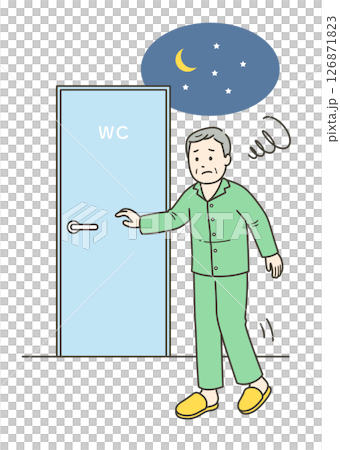 睡眠中に尿意を覚えトイレに行く夜間頻尿に悩む高齢男性のイラスト 126871823